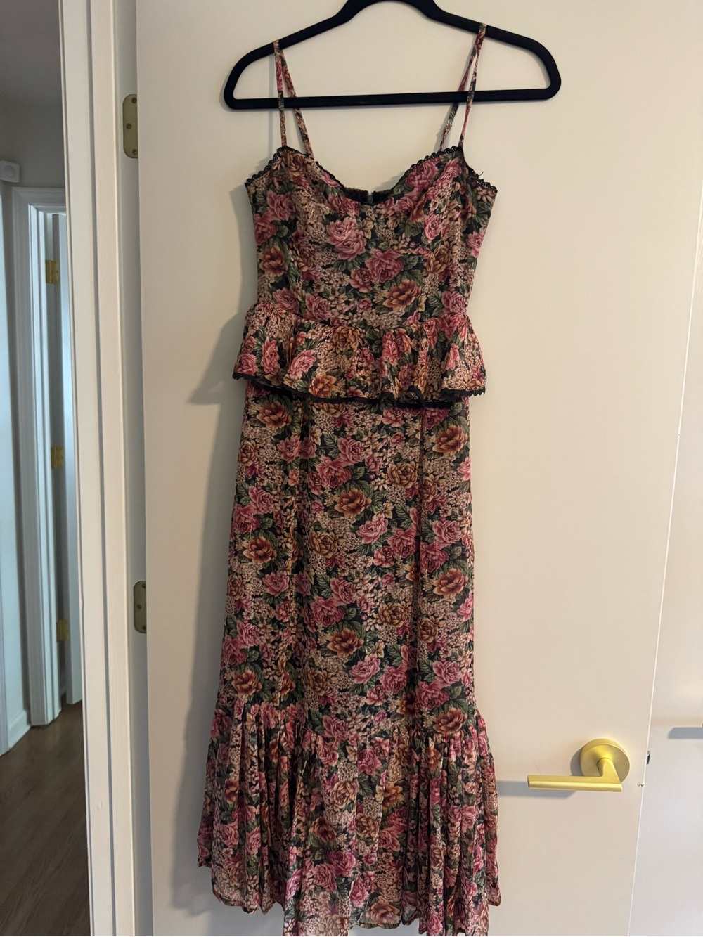 Vici Floral Pink and Green Tiered Peplum Maxi Dress with Black Trim